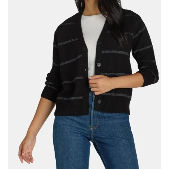 Time and Tru Womens Metallic Striped Cardigan Sweater Black Soot Stripe Size XL - Picture 1 of 7